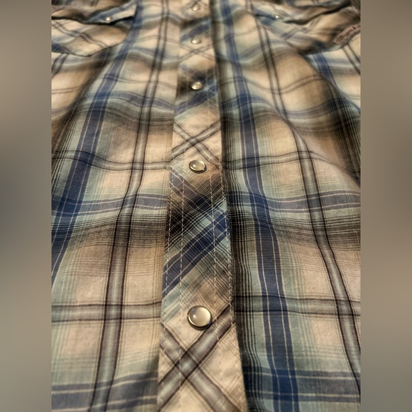 Wrangler Wrancher Men's Beige and Blue Plaid Pearl Snap Button Down Shirt Med. - Picture 2 of 5